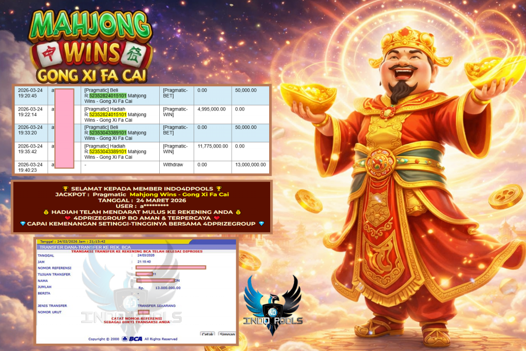 INDO4DPOOLS JACKPOT PRAGMATIC ” Mahjong Wins – Gong Xi Fa Cai ” Rp 13.000.000,- LUNAS