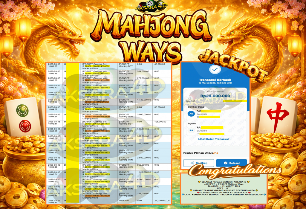AKSARA4D JACKPOT PGSOFT “Mahjong Ways” Rp24.000.000,- LUNAS