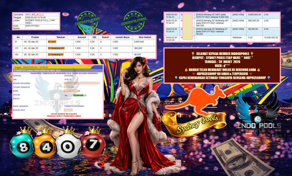 INDO4DPOOLS JACKPOT PASARAN SYDNEY POOLS (TIAP HARI) ” 8407 ” Rp 10.690.000,- LUNAS