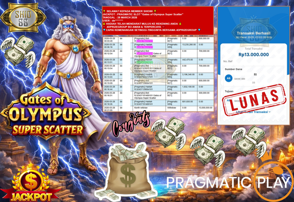 SHIO88 JACKPOT PRAGMATIC SLOT “Gates of Olympus Super Scatter” Rp13.000.000,- LUNAS