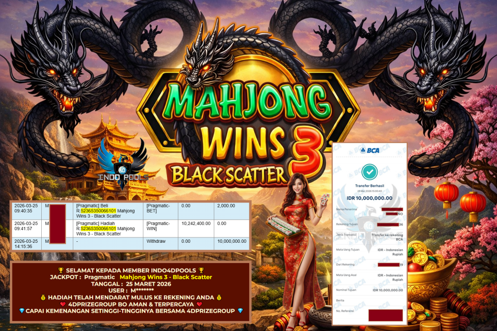 INDO4DPOOLS JACKPOT PRAGMATIC ” Mahjong Wins 3 – Black Scatter ” Rp 10.000.000,- LUNAS