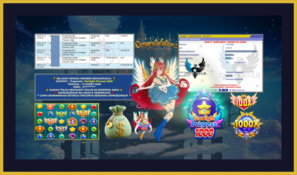 INDO4DPOOLS JACKPOT PRAGMATIC ” Starlight Princess 1000 ” Rp 18.300.000,- LUNAS