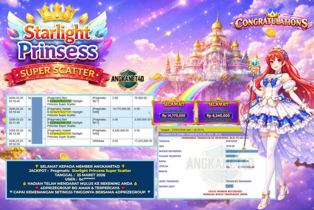 ANGKANET4D JACKPOT PRAGMATIC ” Starlight Princess Super Scatter ” Rp 17.243.000,- LUNAS