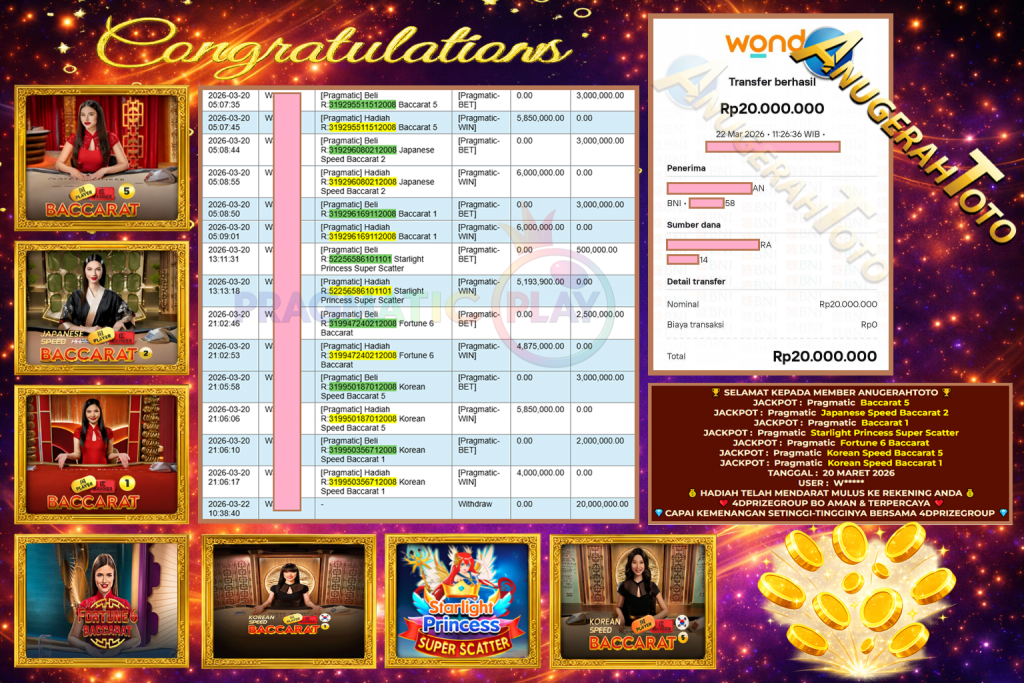 ANUGERAHTOTO JACKPOT PRAGMATIC ” Baccarat 5, Japanese Speed Baccarat 2, Baccarat 1, Starlight Princess Super Scatter, Fortune 6 Baccarat, Korean Speed Baccarat 5, Korean Speed Baccarat 1 ” ‎‏‏‎Rp 20.000.000,- LUNAS