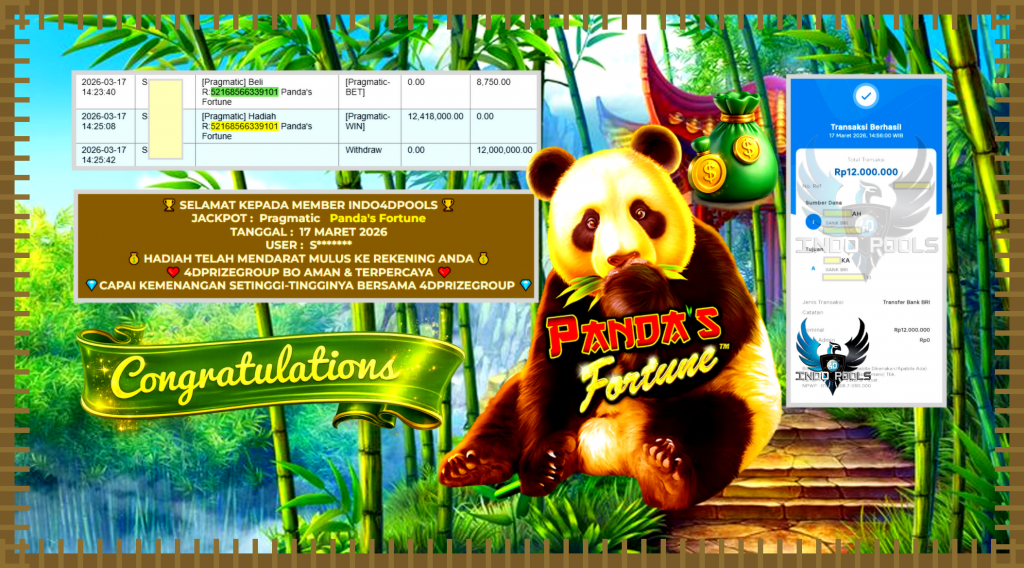 INDO4DPOOLS JACKPOT PRAGMATIC ” Panda’s Fortune ” Rp 12.000.000,- LUNAS