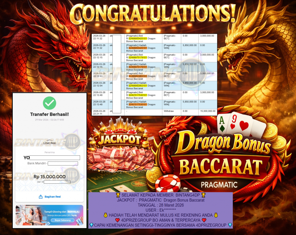 BINTANG4DP JACKPOT PRAGMATIC ” Dragon Bonus Baccarat ” Rp 15,000,000 ,- LUNAS