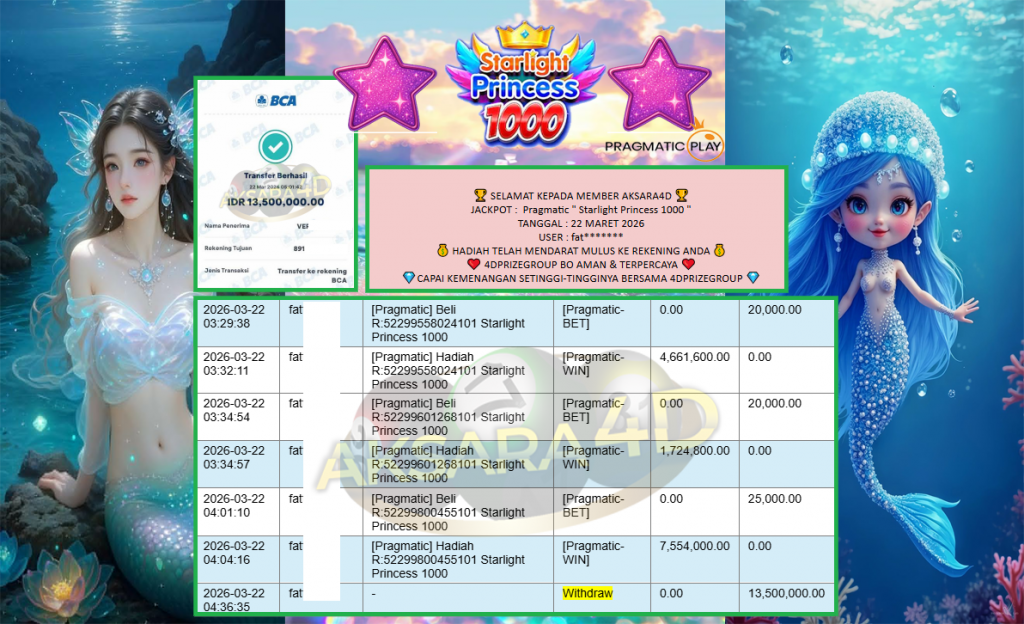 AKSARA4D JACKPOT PRAGMATIC “Starlight Princess 1000″‎‏‏‎‎ Rp13.500.000,- LUNAS