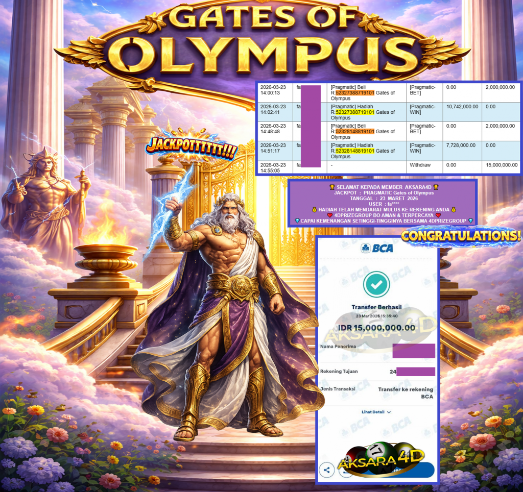 AKSARA4D JACKPOT PRAGMATIC “Gates of Olympus” Rp15.000.000,- LUNAS