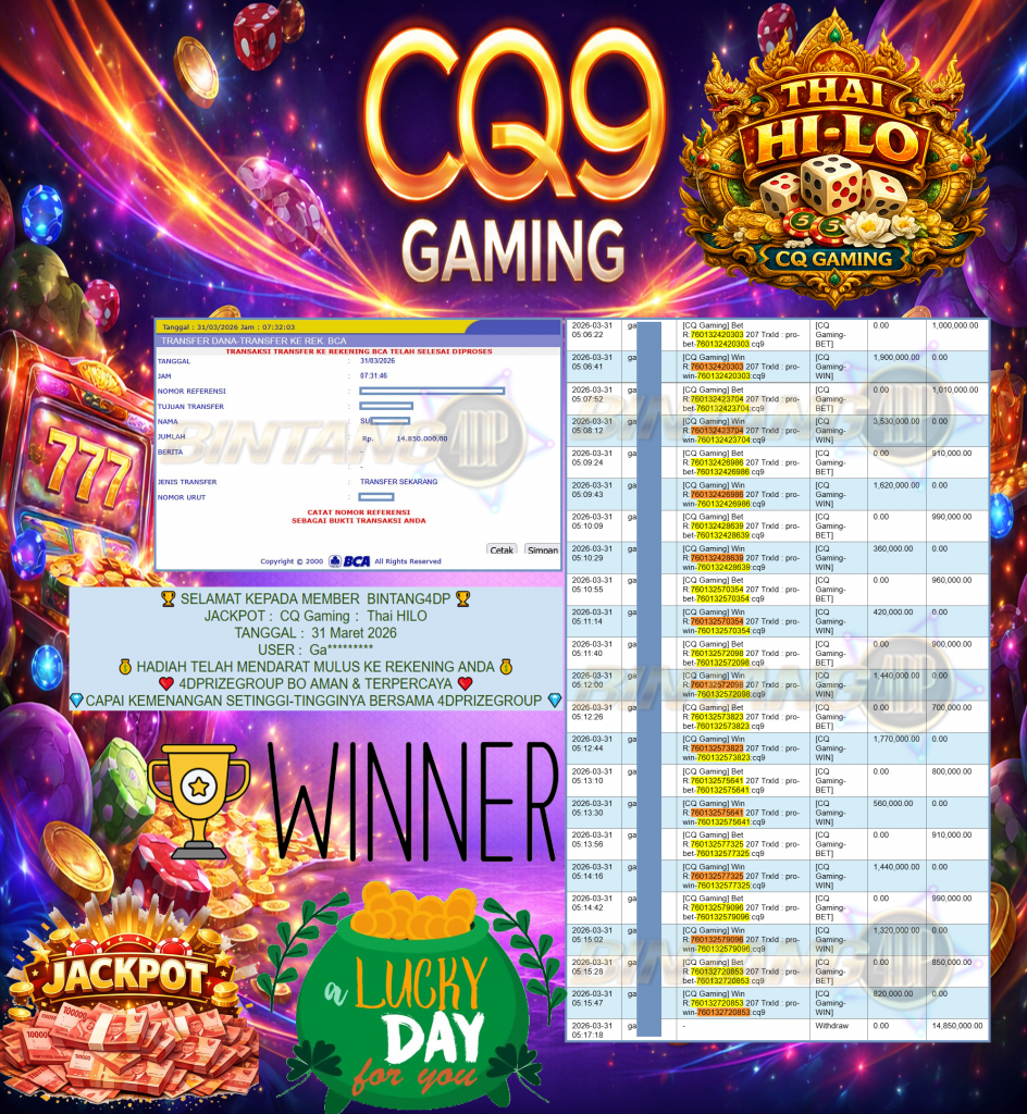 BINTANG4DP JACKPOT CQ Gaming ” Thai HILO ” ” Rp 14,850,000,- LUNAS