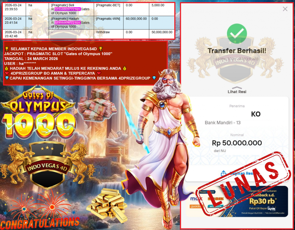 INDOVEGAS4D JACKPOT PRAGMATIC SLOT “Gates of Olympus 1000” Rp60.000.000,- LUNAS