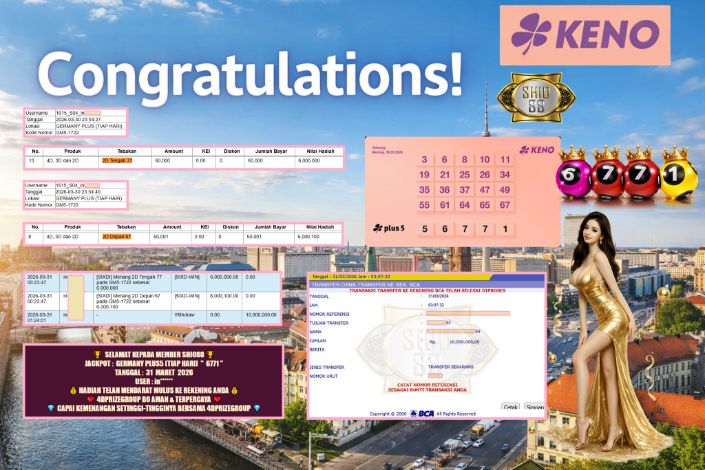 SHIO88 JACKPOT GERMANY PLUS5 (TIAP HARI) ” 6771 ” Rp 10.000.000,- LUNAS