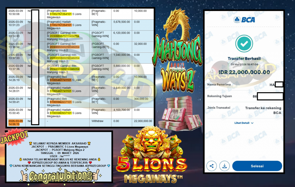 AKSARA4D JACKPOT PRAGMATIC “5 Lions Megaways”‎‏‏‎‎ & PGSOFT “Mahjong Ways 2” Rp22.000.000,- LUNAS