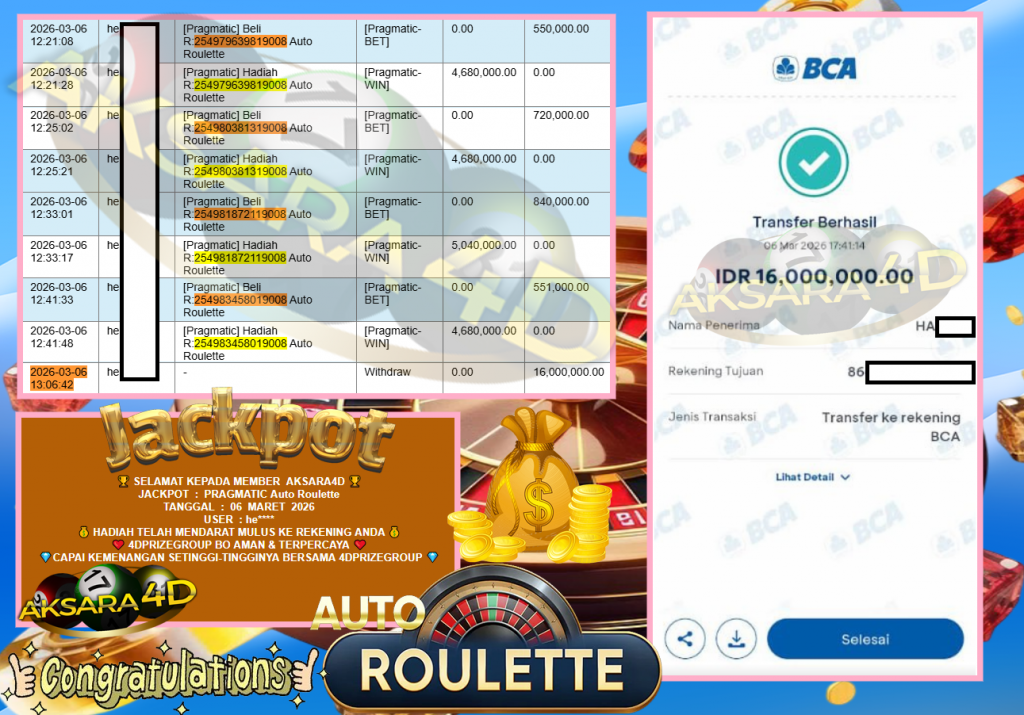 AKSARA4D JACKPOT PRAGMATIC “Auto Roulette”‎‏‏‎‎ Rp16.000.000,- LUNAS