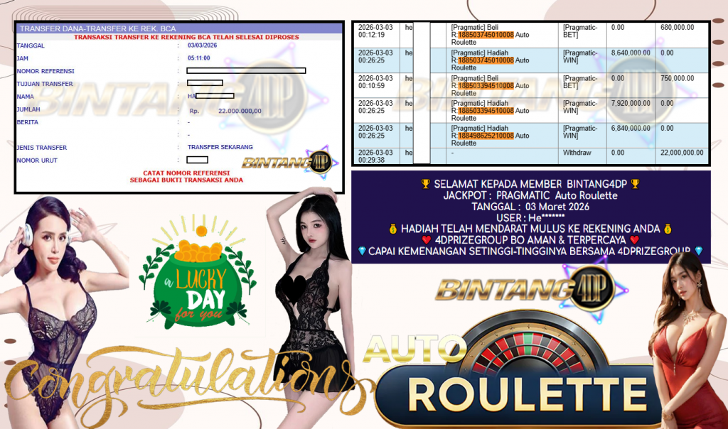 BINTANG4DP JACKPOT PRAGMATIC ” Auto Roulette ” Rp 22,000,000,- LUNAS