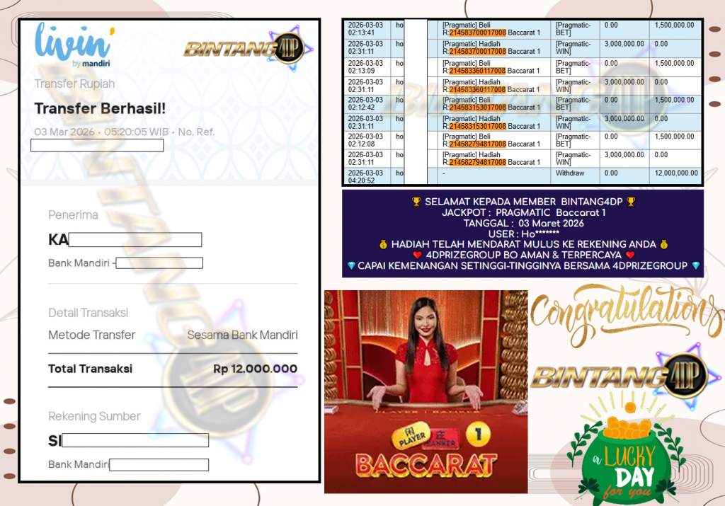 BINTANG4DP JACKPOT PRAGMATIC ” Baccarat 1 ” Rp 12,000,000,- LUNAS