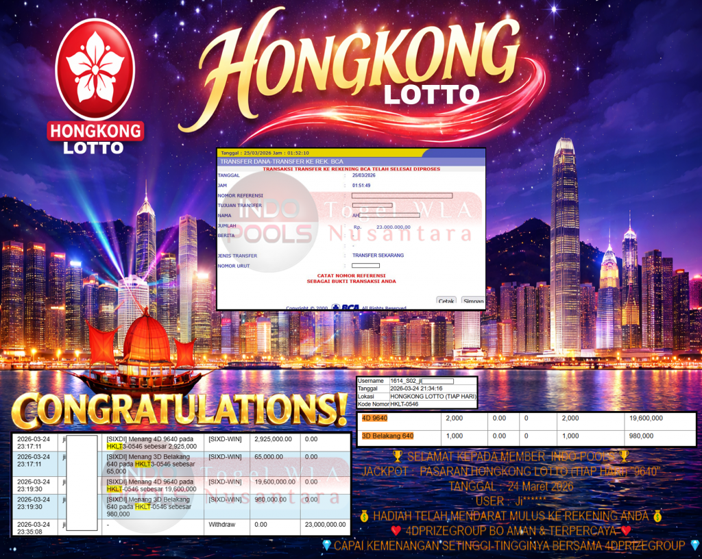 INDO-POOLS JACKPOT PASARAN ” HONGKONG LOTTO (TIAP HARI) ” 9640 ” ” Rp 23,000,000,- LUNAS