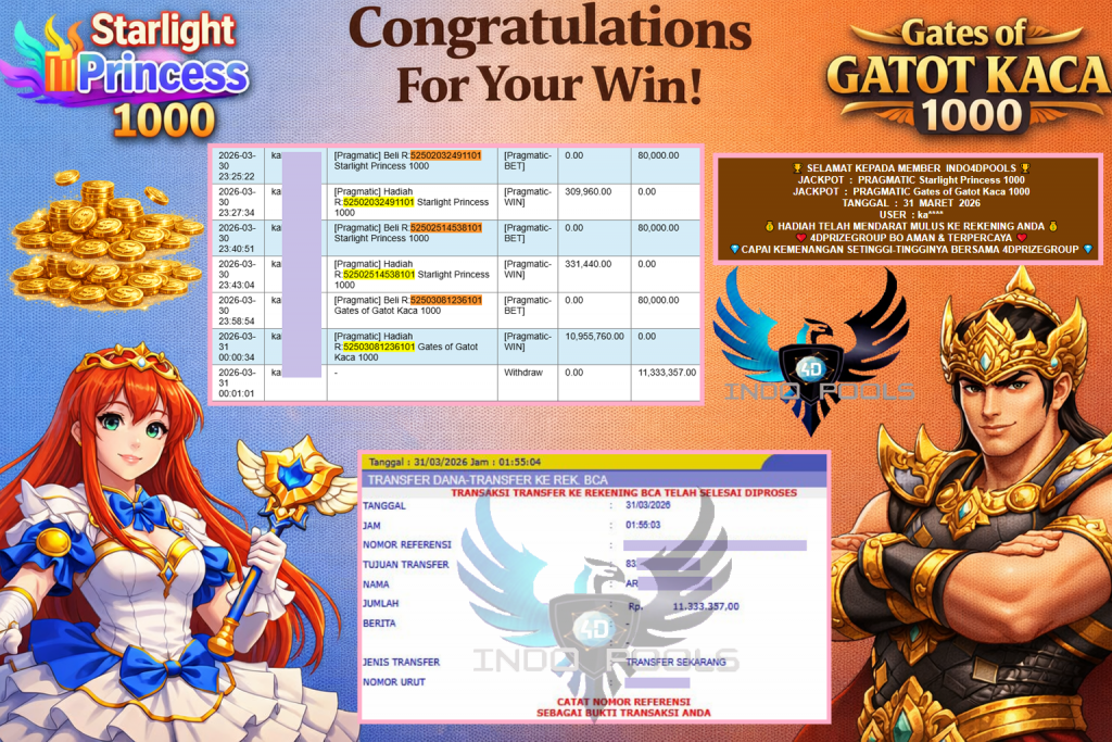 INDO4DPOOLS JACKPOT PRAGMATIC “Starlight Princess 1000” & “Gates of Gatot Kaca 1000″‎‏‏‎‎ Rp11.333.357,- LUNAS