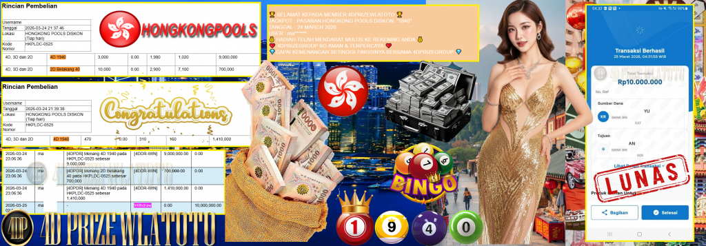 4DPRIZEWLATOTO JACKPOT PASARAN HONGKONG POOLS DISKON “1940” Rp10.000.000,- LUNAS
