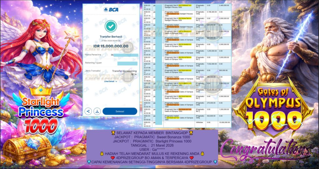 BINTANG4DP JACKPOT PRAGMATIC ” Starlight Princess 1000 ” Gates of Olympus 1000 ” Rp 15,000,000.,- LUNAS