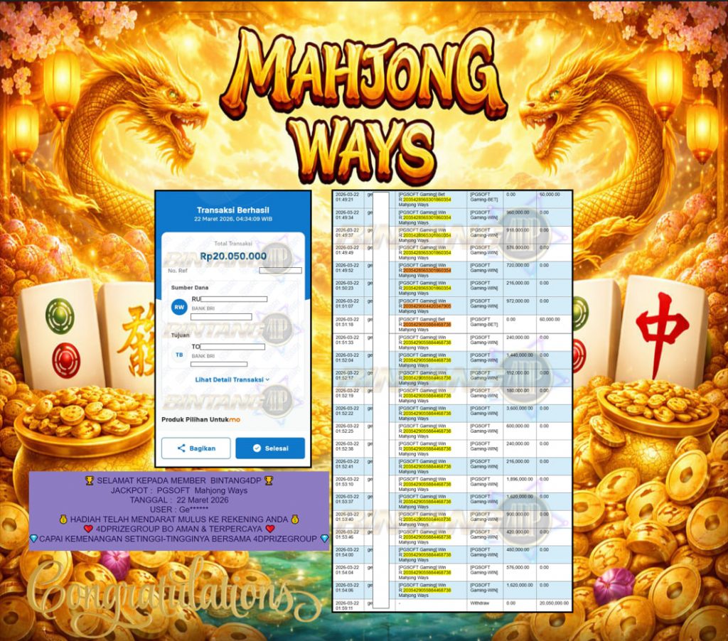 BINTANG4DP JACKPOT PGSOFT ” Mahjong Ways ” Rp 20,050,000,- LUNAS