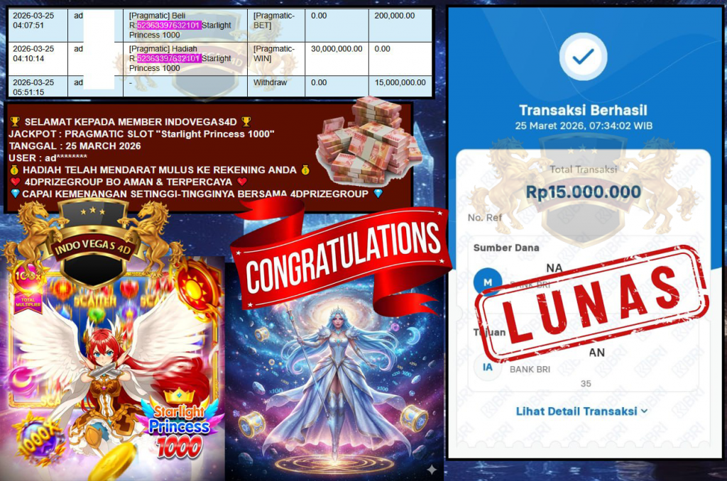 INDOVEGAS4D JACKPOT PRAGMATIC SLOT “Starlight Princess 1000” Rp30.000.000,- LUNAS