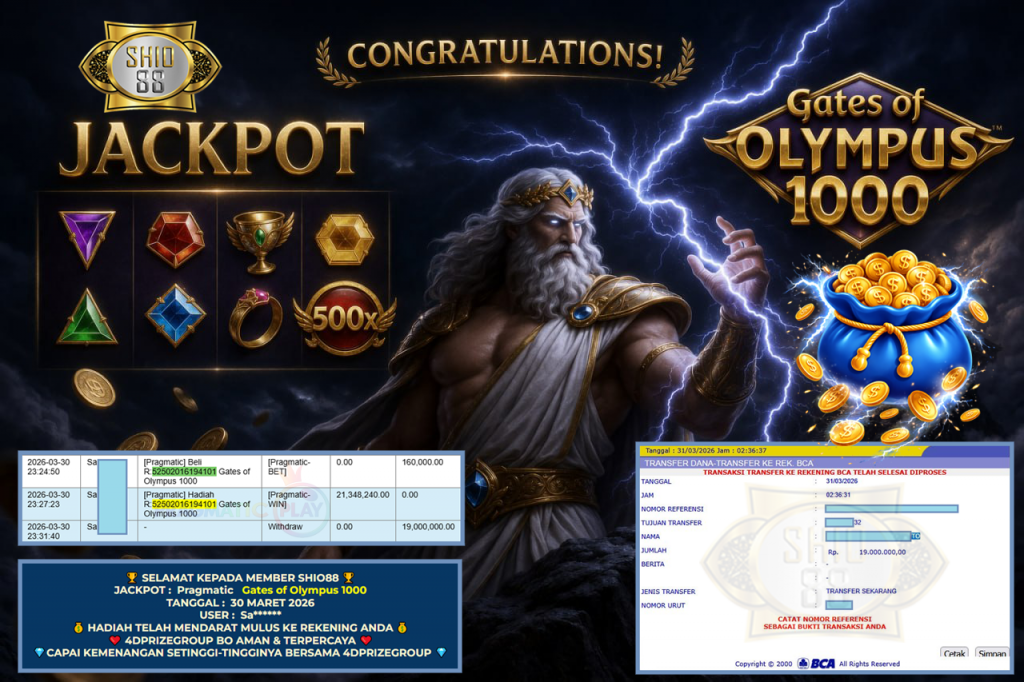SHIO88 JACKPOT PRAGMATIC ” Gates of Olympus 1000 ” Rp 19.000.000,- LUNAS