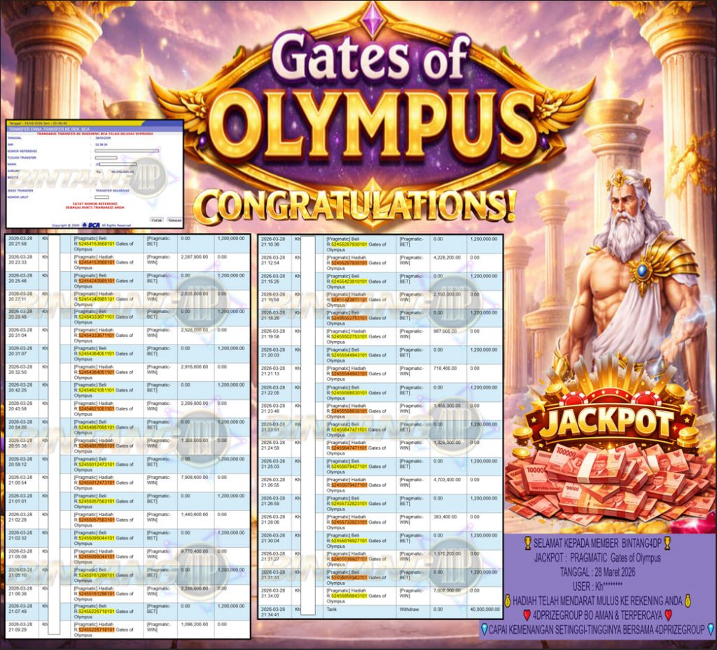 BINTANG4DP JACKPOT PRAGMATIC ” Gates of Olympus ” Rp 40,000,000,- LUNAS