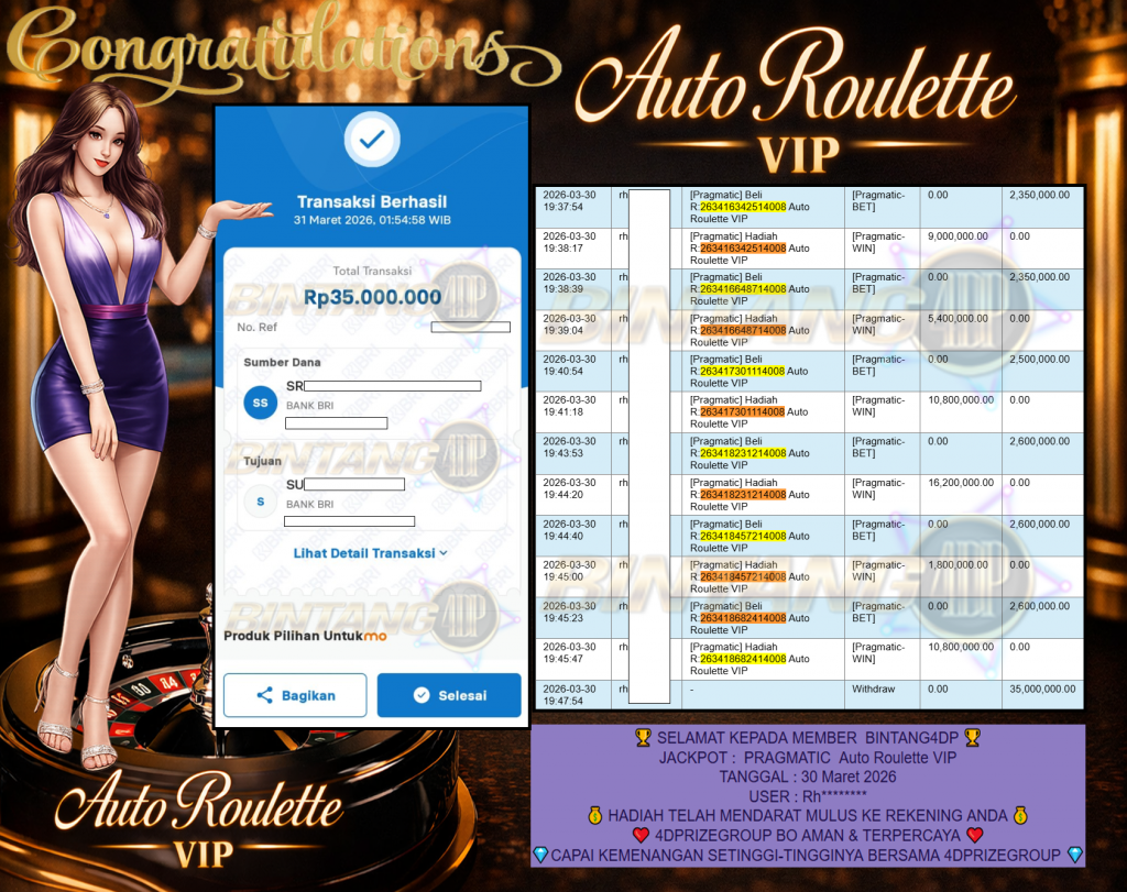 BINTANG4DP JACKPOT PRAGMATIC ” Auto Roulette VIP ” Rp 35,000,000,- LUNAS