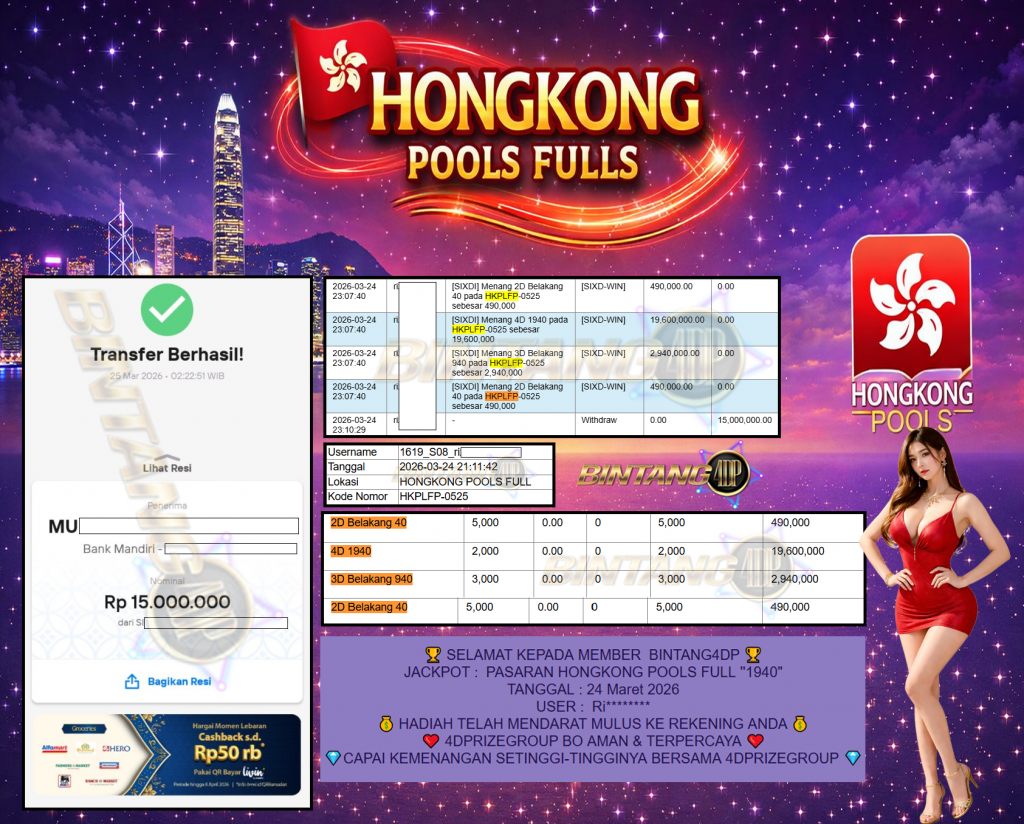 BINTANG4DP JACKPOT PASARAN ” HONGKONG POOLS FULL ”1940″ ” Rp 15,000,000,- LUNAS