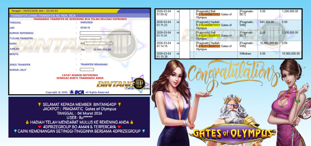 BINTANG4DP JACKPOT PRAGMATIC ” Gates of Olympus ” Rp 10,900,000,- LUNAS