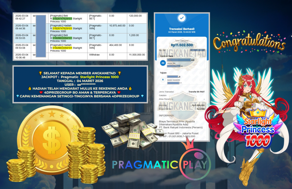 ANGKANET4D JACKPOT PRAGMATIC ” Starlight Princess 1000 ” Rp 11.500.000 ,- LUNAS