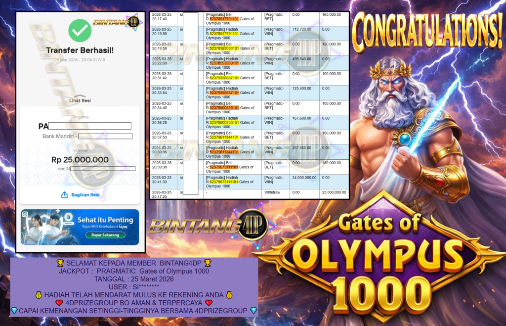BINTANG4DP JACKPOT PRAGMATIC ” Gates of Olympus 1000 ” Rp 25,000,000 ,- LUNAS