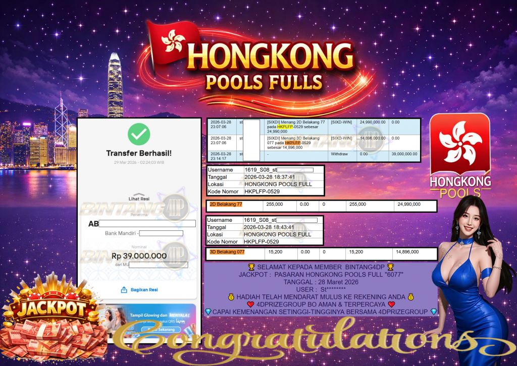 BINTANG4DP JACKPOT PASARAN ” HONGKONG POOLS FULL ”6077″ ” Rp 39,000,000,- LUNAS