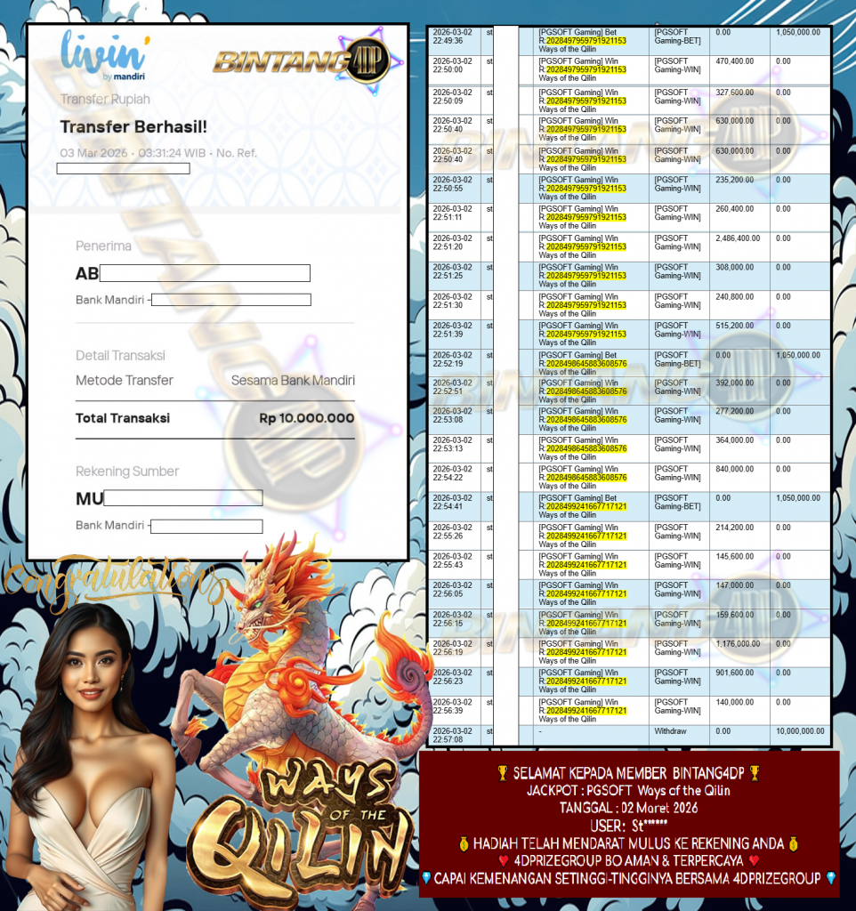 BINTANG4DP JACKPOT PGSOFT ” Ways of the Qilin ” Rp 10.000.000,- LUNAS