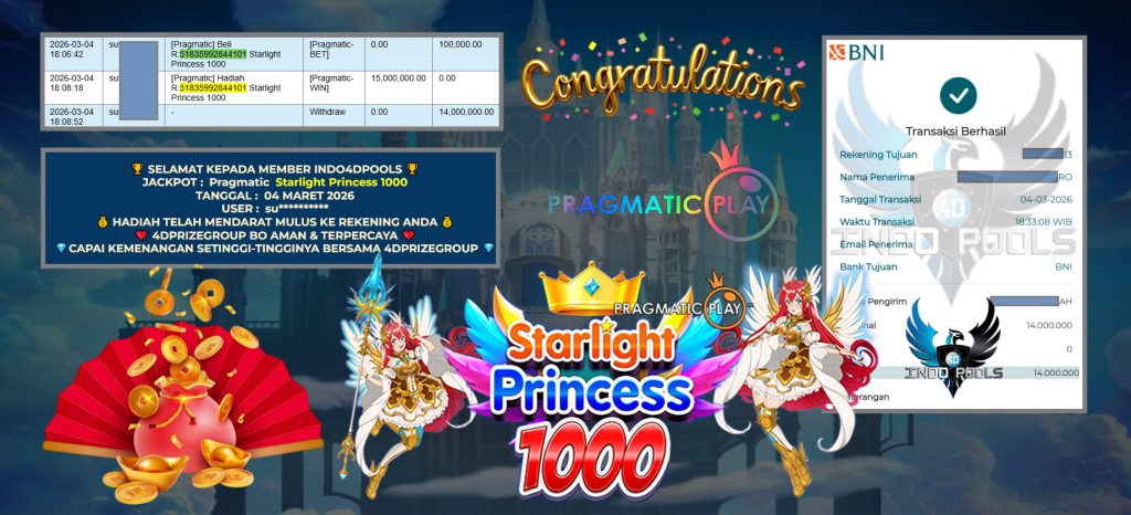 INDO4DPOOLS JACKPOT PRAGMATIC ” Starlight Princess 1000 ” Rp 14.000.000 ,- LUNAS