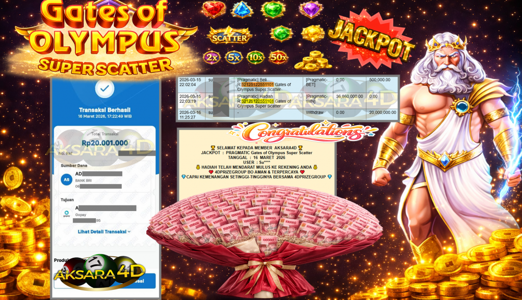 AKSARA4D JACKPOT PRAGMATIC “Gates of Olympus Super Scatter” Rp20.000.000,- LUNAS