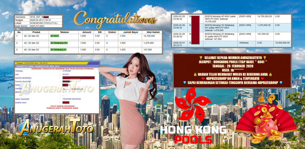ANUGERAHTOTO JACKPOT PASARAN HONGKONG POOLS (TIAP HARI) ” 6041 ” , Rp 15.500.000,- LUNAS