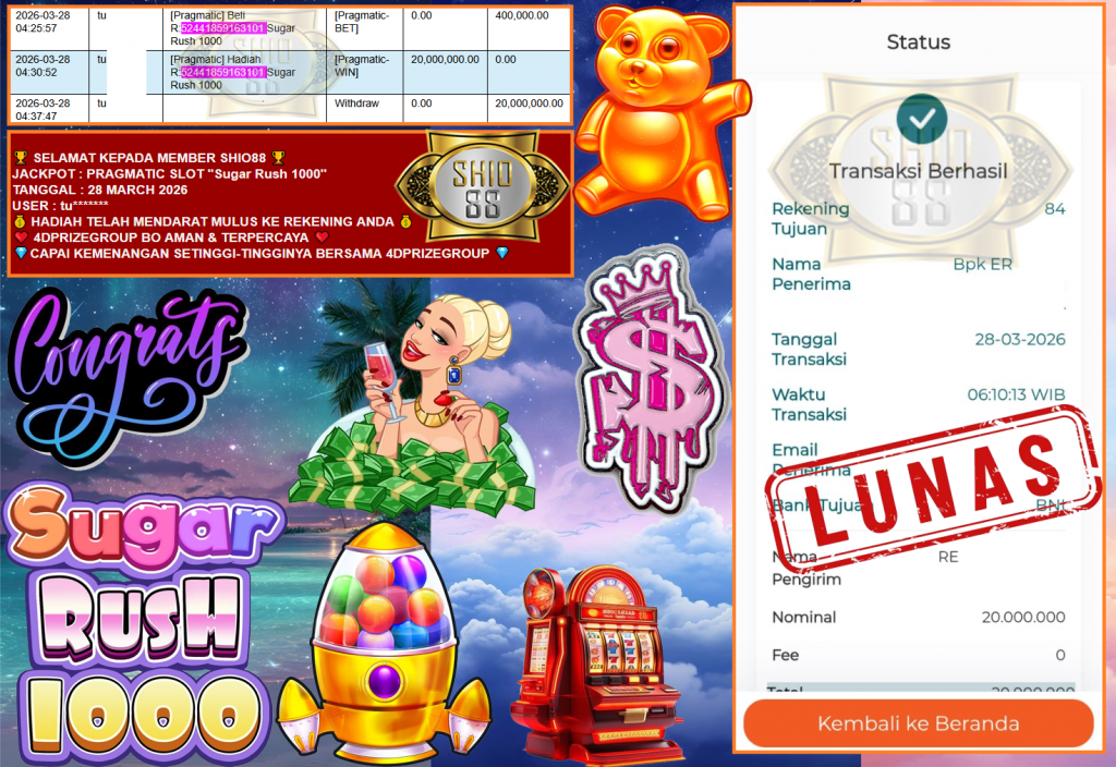 SHIO88 JACKPOT PRAGMATIC SLOT “Sugar Rush 1000” Rp20.000.000,- LUNAS