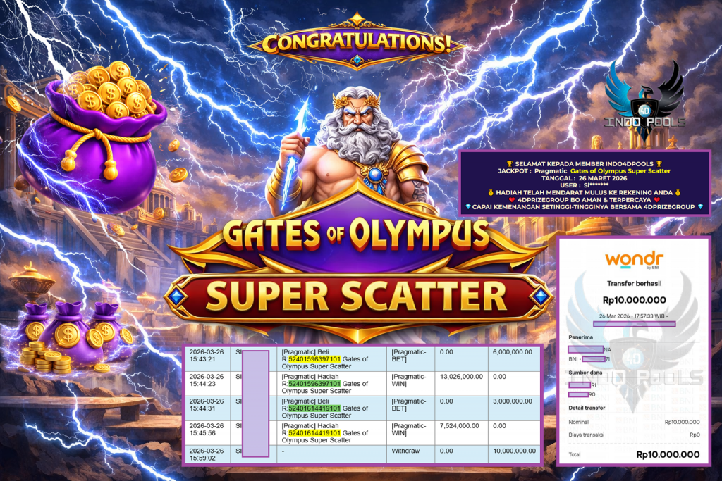 INDO4DPOOLS JACKPOT PRAGMATIC ” Gates of Olympus Super Scatter ” Rp 10.000.000,- LUNAS