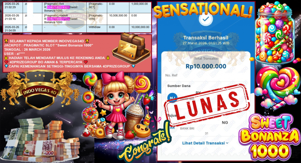 INDOVEGAS4D JACKPOT PRAGMATIC SLOT “Sweet Bonanza 1000” Rp10.000.000,- LUNAS