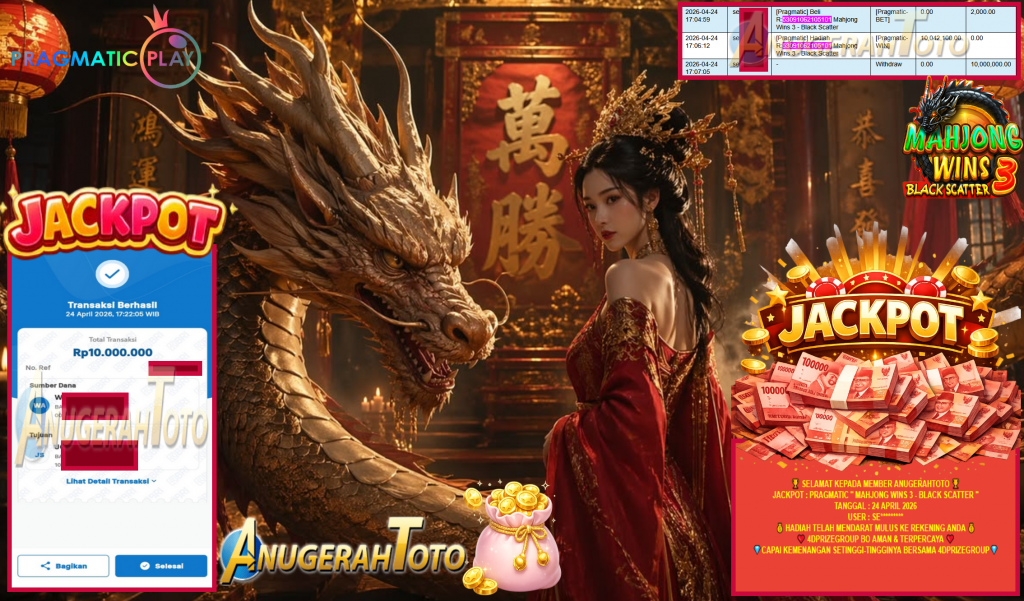 ANUGERAHTOTO JACKPOT PRAGMATIC “MAHJONG WINS 3 – BLACK SCATTER” Rp10.000.000,- LUNAS