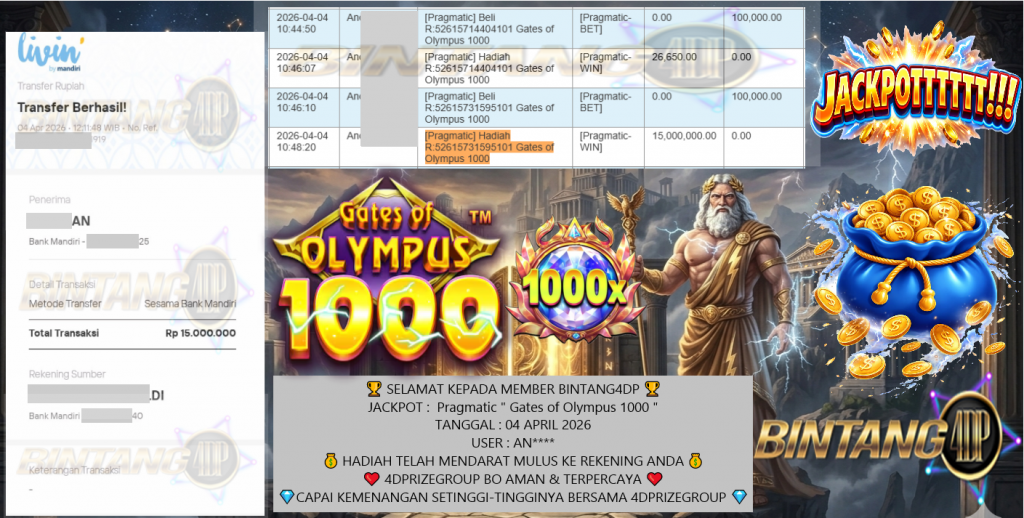 BINTANG4DP JACKPOT Pragmatic ” Gates of Olympus 1000 ” Rp15.000.000,- LUNAS