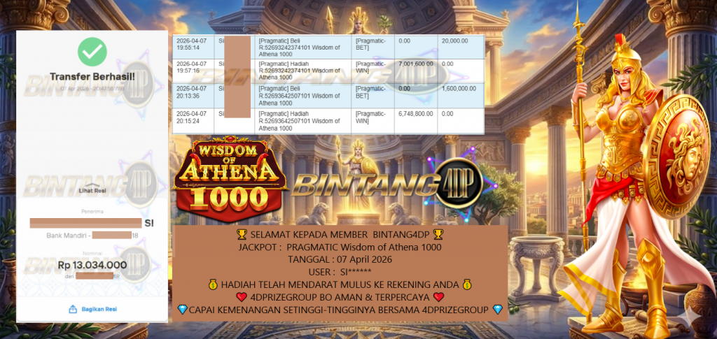 BINTANG4DP JACKPOT PRAGMATIC Wisdom of Athena 1000 Rp 13,034,000,- LUNAS