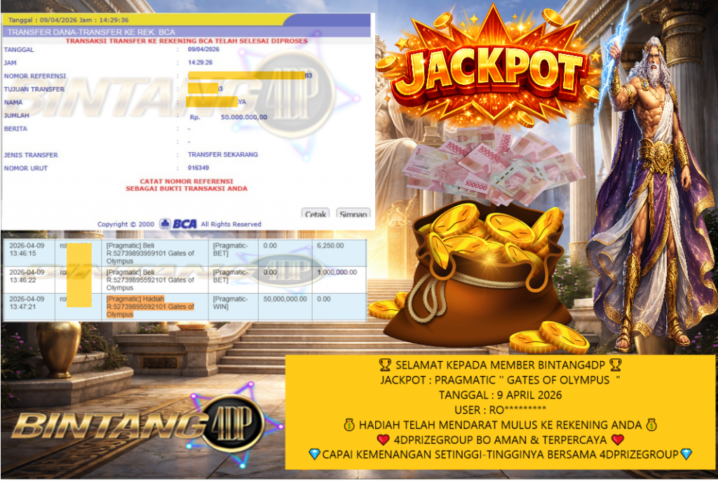 BINTANG4DP JACKPOT PRAGMATIC “Gates of Olympus”‎‏‏‎‎ Rp50.000.000,- LUNAS