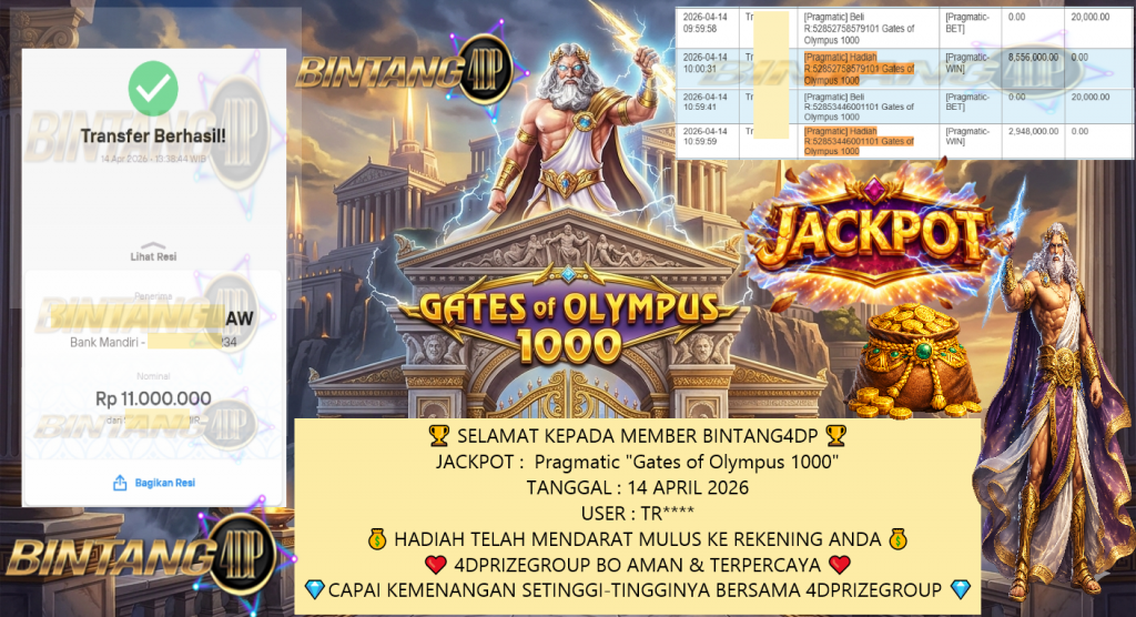 BINTANG4DP JACKPOT PRAGMATIC “Gates of Olympus 1000″‎‏‏‎‎ Rp11.000.000,- LUNAS