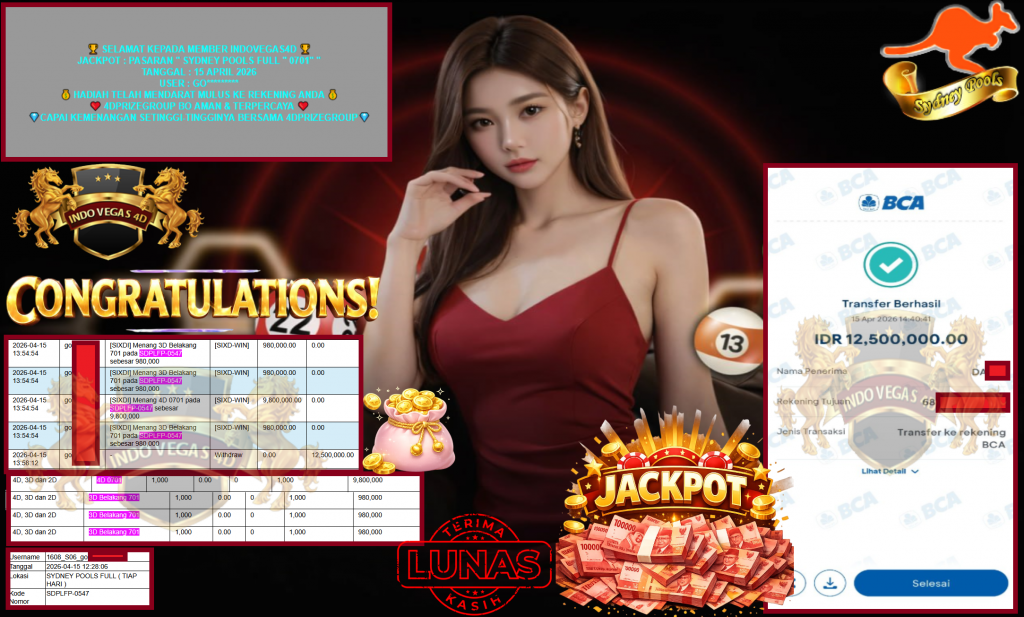 INDOVEGAS4D JACKPOT PASARAN “SYDNEY POOLS FULL ” 0701″ ” Rp12.500.000,- LUNAS