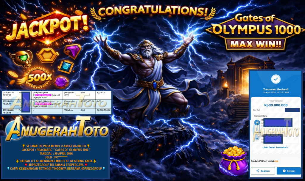 ANUGERAHTOTO JACKPOT PRAGMATIC “GATES OF OLYMPUS 1000” Rp42.000.000,- LUNAS