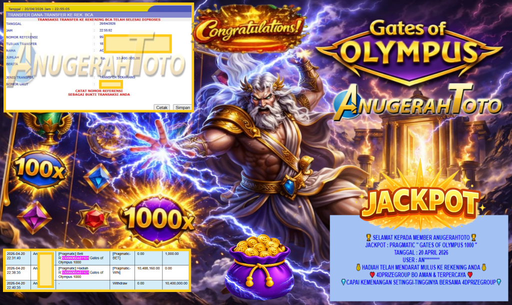 ANUGERAHTOTO JACKPOT PRAGMATIC “GATES OF OLYMPUS 1000” Rp10.400.000,- LUNAS