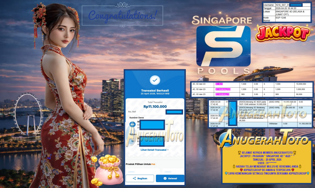 ANUGERAHTOTO JACKPOT PASARAN “SINGAPORE 4D ” 4620 ” ” Rp11.100.000,- LUNAS