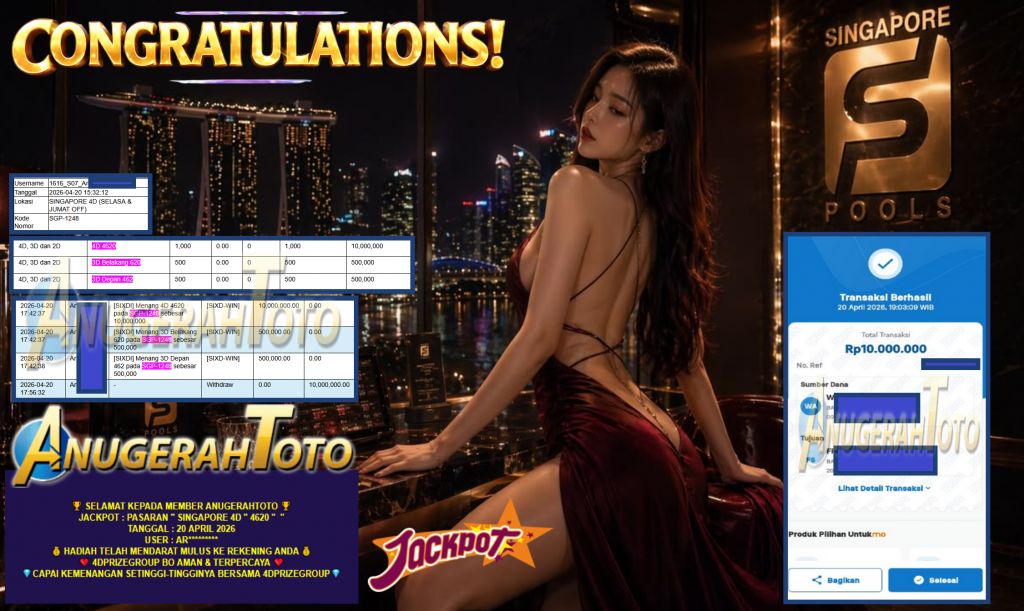 ANUGERAHTOTO JACKPOT PASARAN “SINGAPORE 4D ” 4620 ” ” Rp10.000.000,- LUNAS